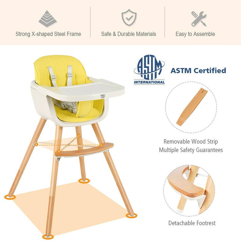 Babyjoy 3 in 1 Convertible Wooden High Chair Toddler Feeding Chair - 20.5" x 21.5" x 36"