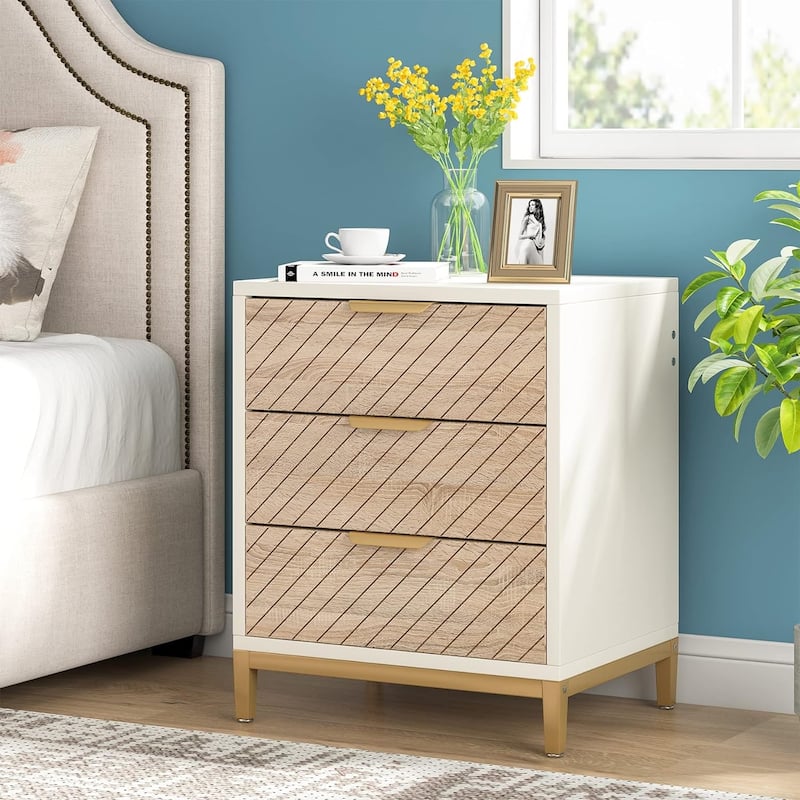 Night Stands Bedside Table with Drawers, Modern Wood Grain Nightstand for Bedrooms - Brown/White