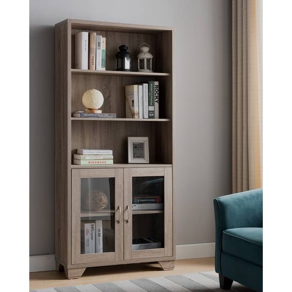 slide 1 of 3, Q-Max Wooden Book Cabinet With Three Display Shelves And Two Glass Doors Taupe Brown