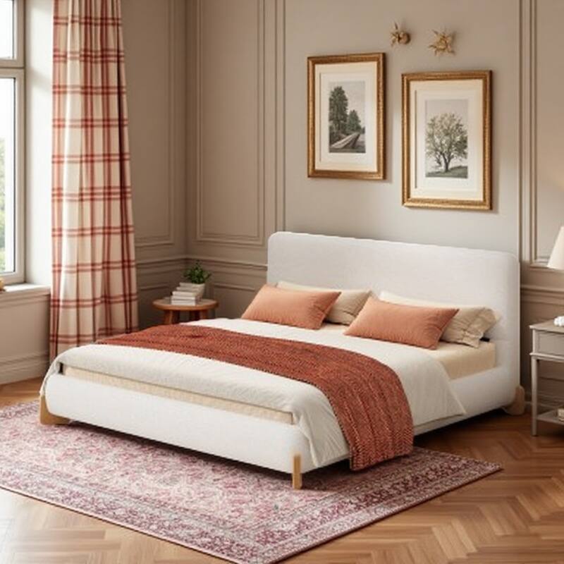 Queen Size Upholstered Bouclé Bed with Solid Wood Legs, Elegant White Platform Bed with Durable Support and Timeless Design