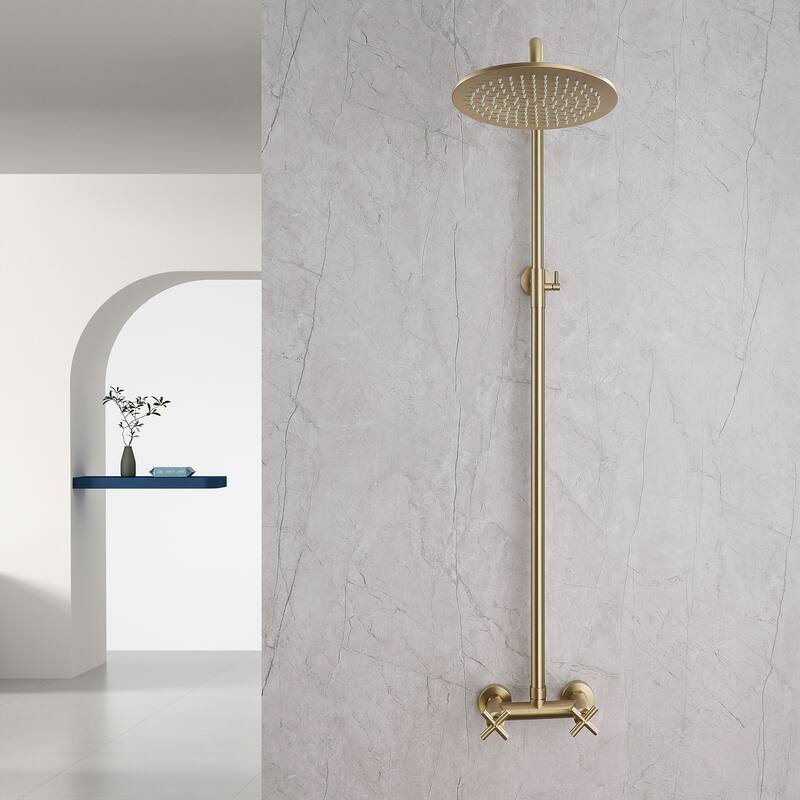 48"H Solid Brass Outdoor 10 Inch Round Rain Shower Set with Dual Cross Handle