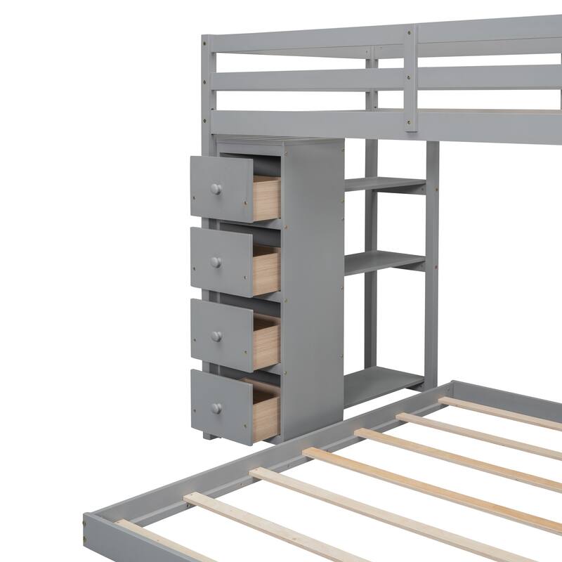 Twin Over Full Pine Bunk Bed with Shelves, Drawers, and Stairs