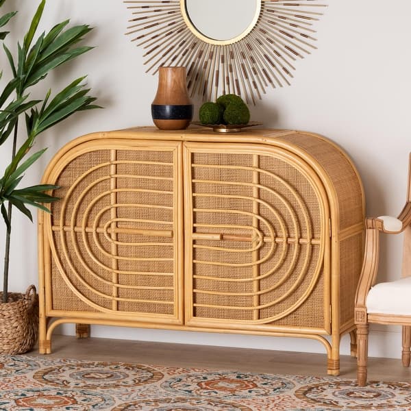 slide 2 of 11, bali & pari Ovalet Modern Bohemian Natural Brown Rattan 2-Door Sideboard