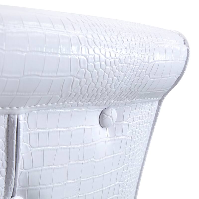 A set of 4 white and black vintage crocodile leather cushioned dining chairs, featuring crystal clasp design and leather