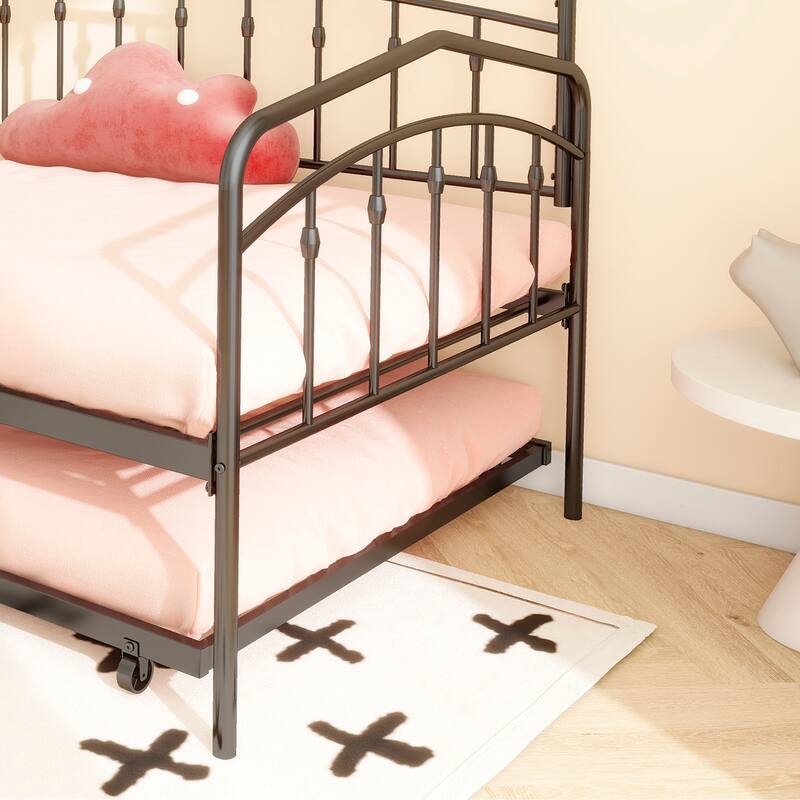 Twin Size Metal Daybed with Trundle & Anti-Noise Design - No Box Spring Needed.