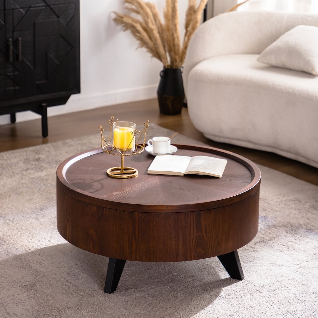 Round Coffee Table Center Table with Hidden Storage, Walnut Sofa Table Minimalist Side Table Storage Table