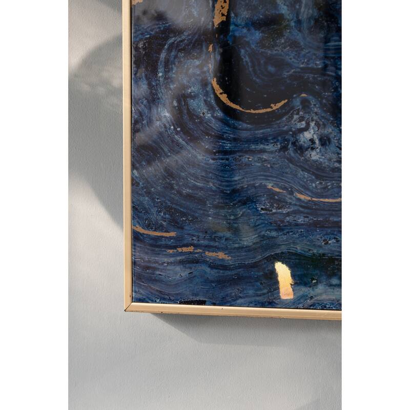 Set of 2, Modern Wall Decor Blue and Gold Framed Art Panels with Unique Marbled Design, for Home and office