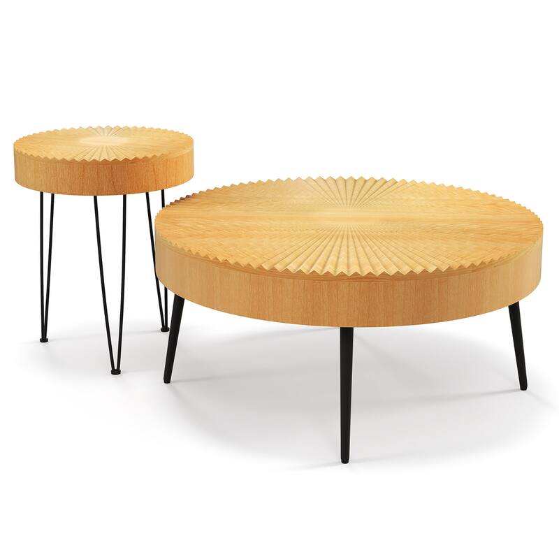 Costway Farmhouse Round Coffee Table Set of 2 End Table Natural Finish - See Details