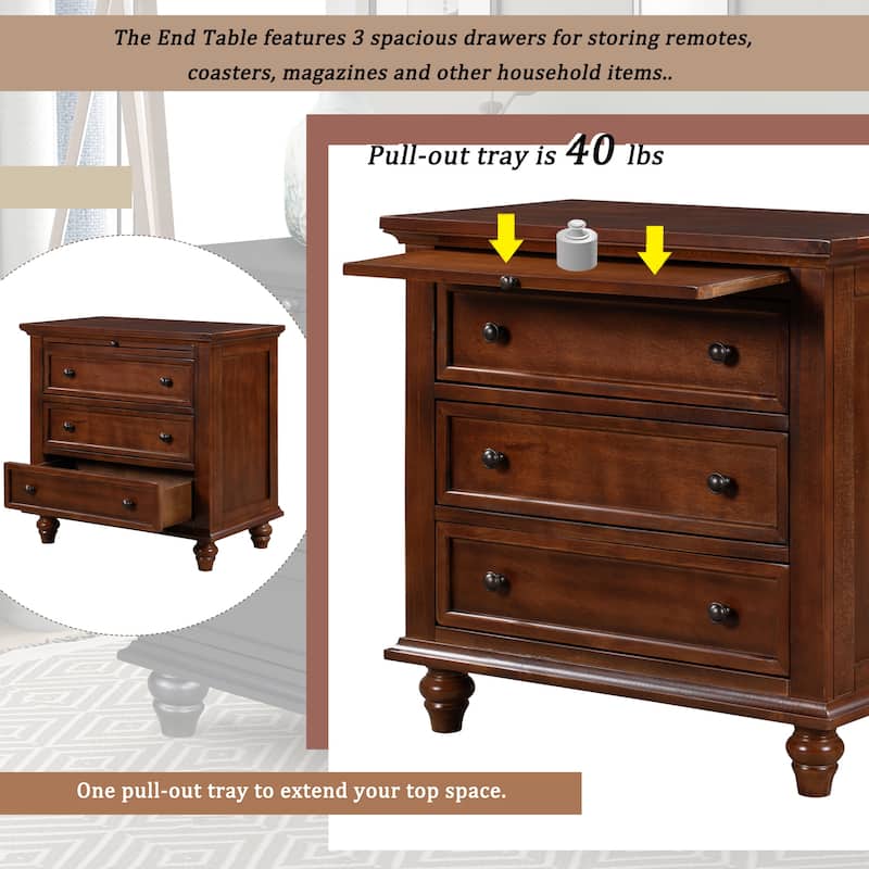 3-Drawer Storage Wood Cabinet, End Table with Pull out Tray