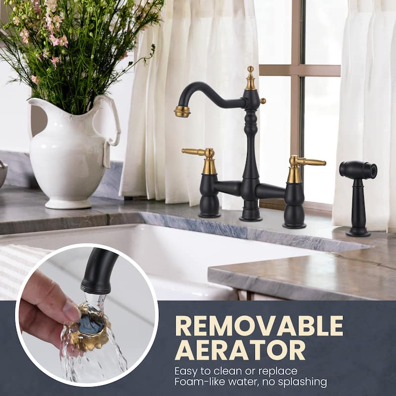 WOWOW 4 Hole Double Handle Bridge Kitchen Faucet with Side Sprayer