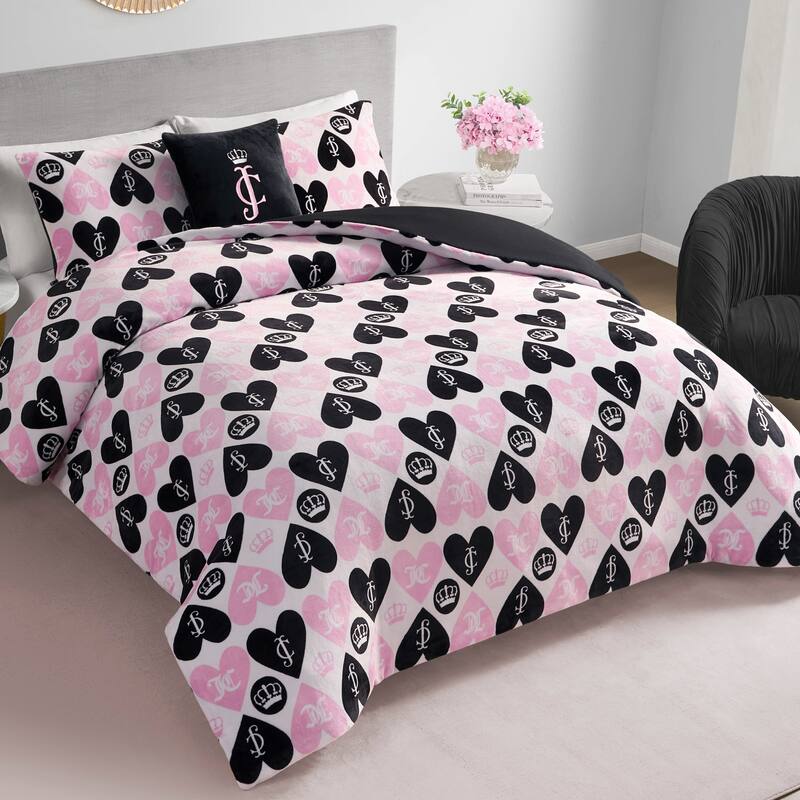 Juicy Couture Plush Queen Heart Logo Reversible Comforter Sets