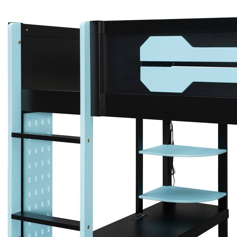 Full Size Wood Loft Bed with Desk, Open Wardrobe and RGB Light