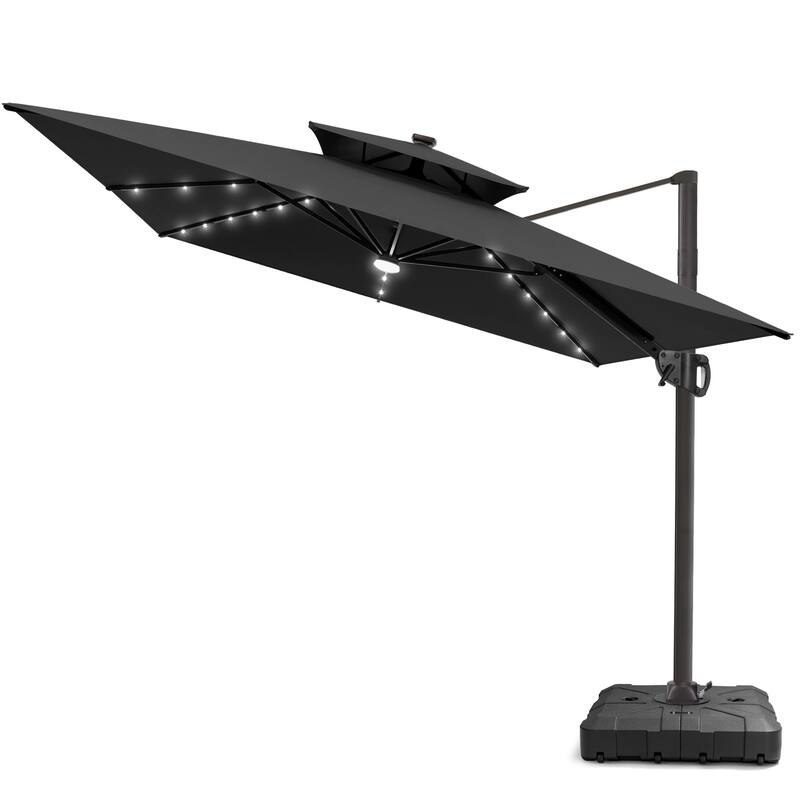 9 X 11 FT Outdoor Patio Cantilever Umbrella with Solar Lights All-Weather Wheeled Base Double Canopy 360 Rotation Tilt