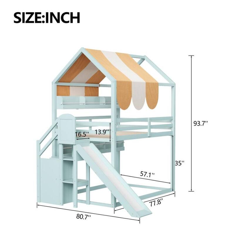 Fairytale Full Size House-shaped Loft Bed with Striped Fabric Canopy, Fun Slide Design and Built-in Bookshelves