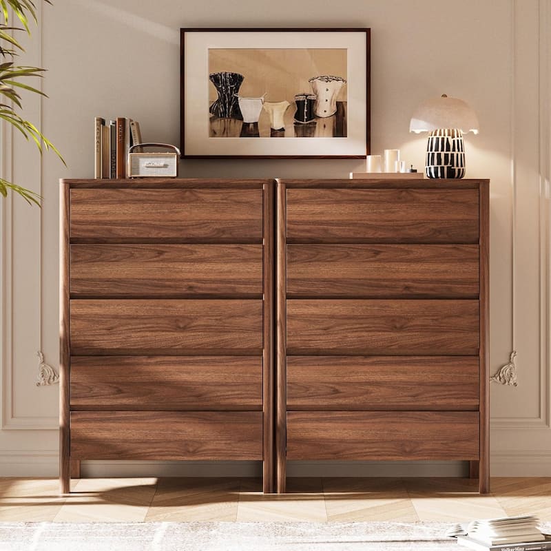 FURNIWAY Walnut Drawer Tall Dresser, Modern Chest with Hidden Handles, Storage Organizer