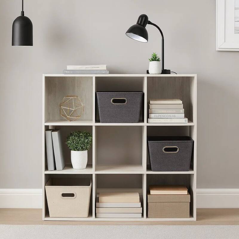 9 Cube Wooden Organizer with Grain Details, Washed White