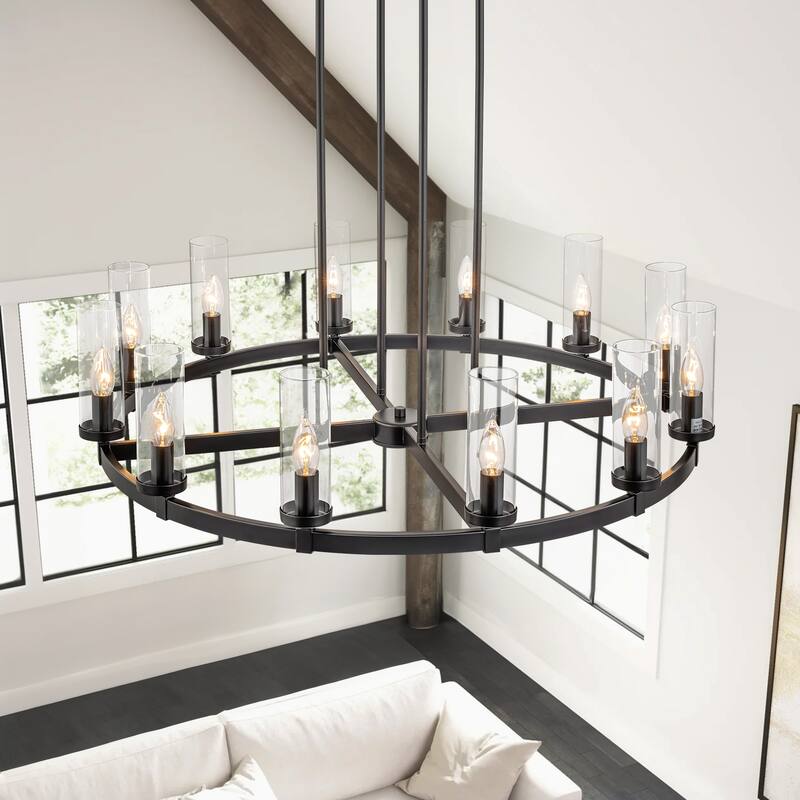 12-Light Mid-Century Modern Gold/Black Clear Glass Large Wagon Wheel Chandelier for Dining Room/ Living Room
