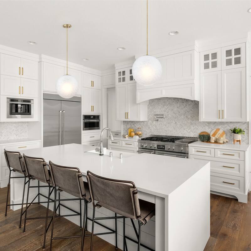 Pixie 60 Watt 1-Light Brushed Gold Globe Pendant Light with Etched Cloud Glass Shade - 14.75