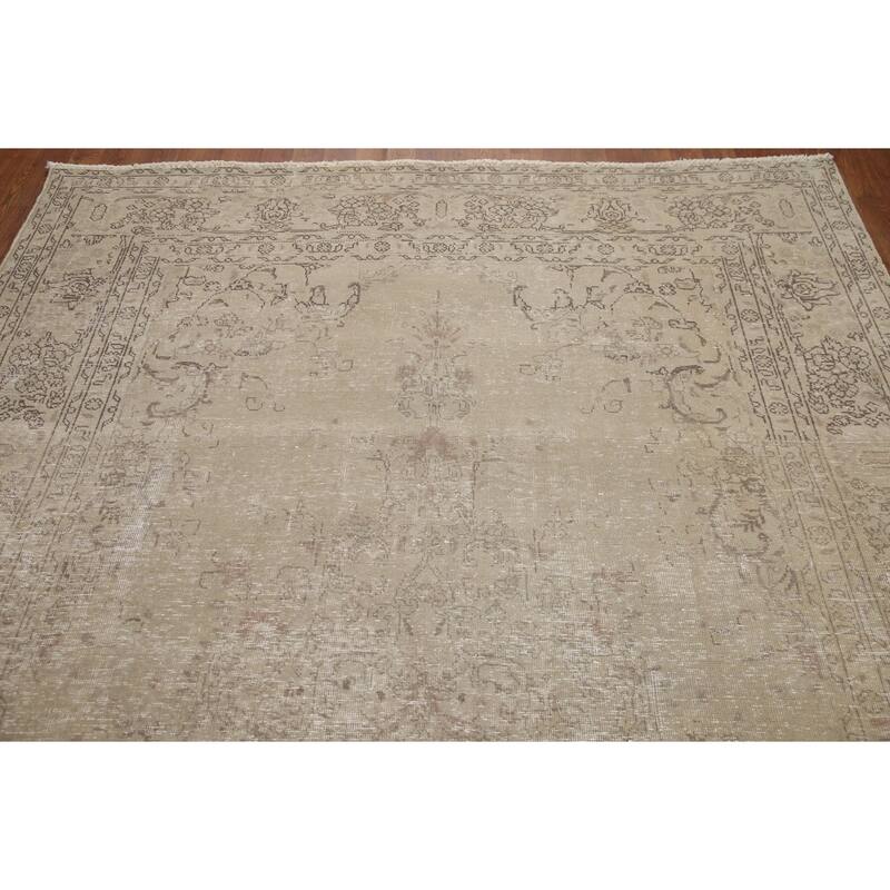 Hand Knotted Oriental 100% Wool Carpet Traditional Medallion Beige & Ivories Tabriz Area Rug - 9' 5'' X 6' 7''