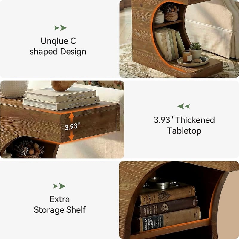 Solid Wood C-Shaped End Table, Side Table with 2-Tier Storage for Small Spaces, Living Room, Bedroom