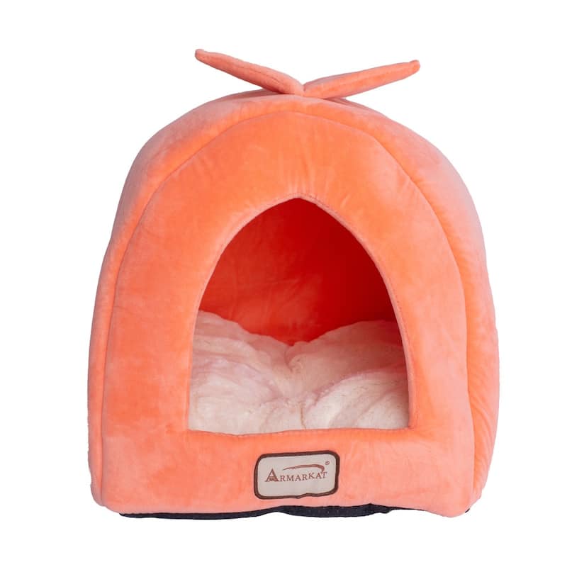 Cat Bed Cave Shape, Orange/Ivory - 14"L x 14"W x 21"H
