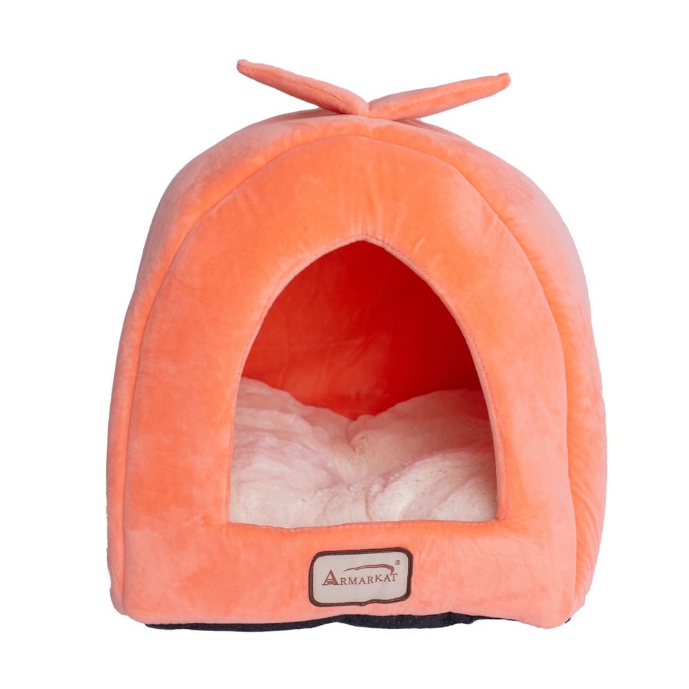 Cat Bed Cave Shape, Orange/Ivory - 14"L x 14"W x 21"H