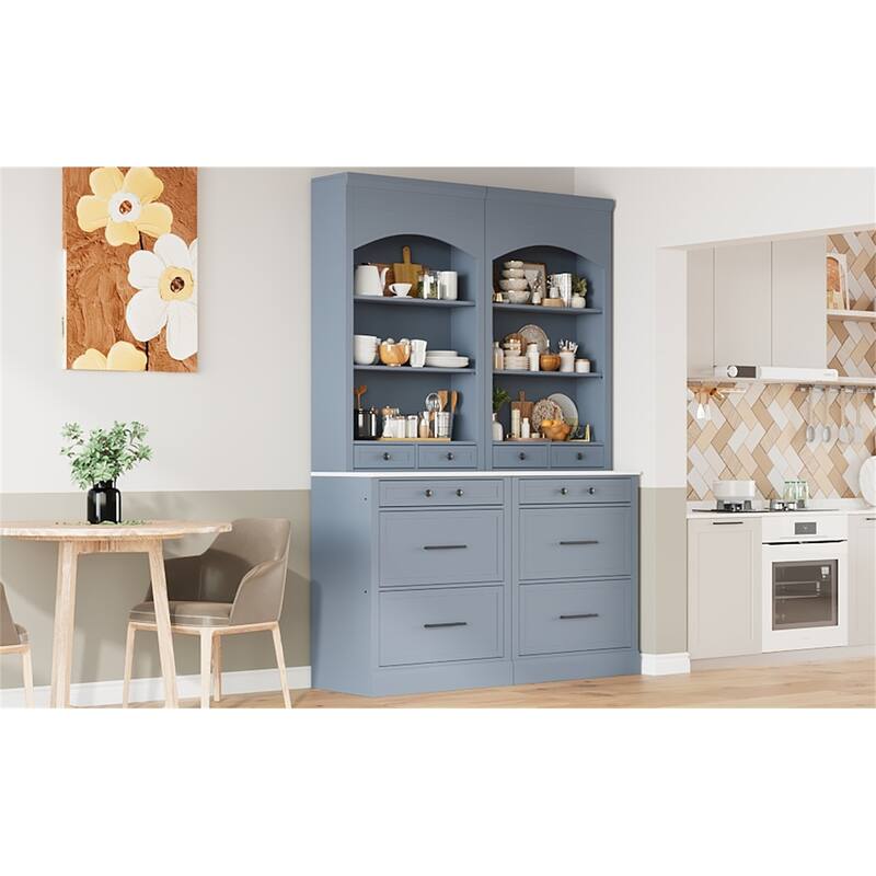 Freestanding Tall Kitchen Hutch with Faux Marble Top(Set of 2) - Grey