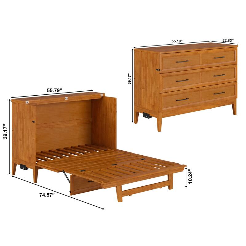 Solid Wood Murphy Bed Chest with Mattress & Charger - Full Size Bed - Space Saving Furniture