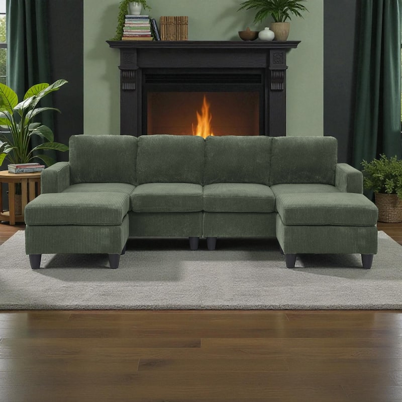 101" Modular Corduroy Sectional Sofa with Ottoman, Removable Cushions, Textured Upholstery for Living Room Comfort - Green