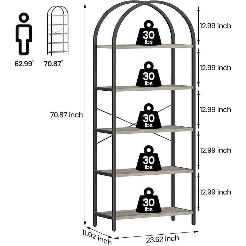 5-Tier Arched Bookshelf, Tall Wood Bookcase with Metal Frame, Modern Storage Rack for Living Room, Bedroom, or Home Office