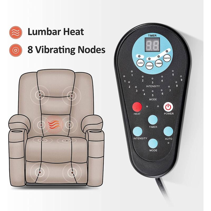 MCombo Large Lift Recliner Chair with Massage and Heat for Elderly, Extended Footrest, Cup Holders, USB Ports, Faux Leather 7539