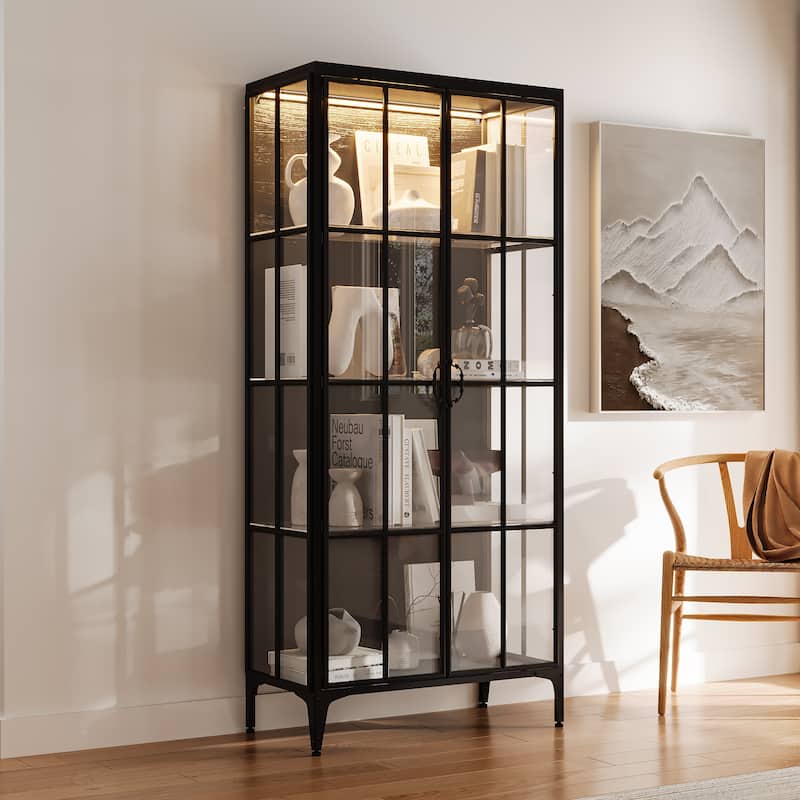70.9"H Metal Glass Display Cabinet LED Light Bookshelves Curio Cabinet