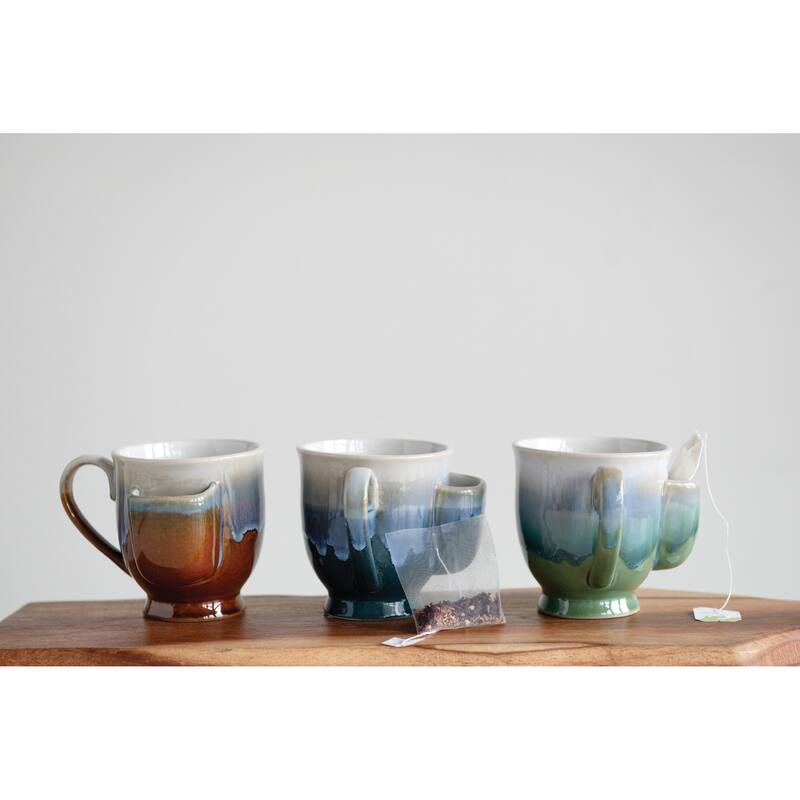 Stoneware Mug with Teabag Pocket & Reactive Glaze Finish (Set of 2 Colors)