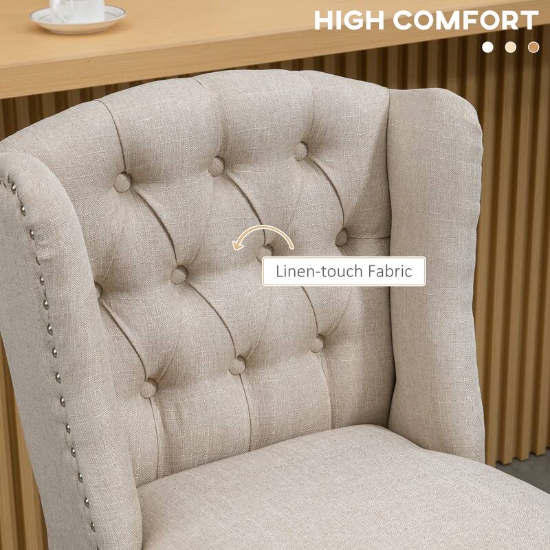 Linen Upholstered Bar Stools Set of 2, Button Tufted Wingback Tall Bar Chairs, Breakfast Stools with Solid Wood Legs
