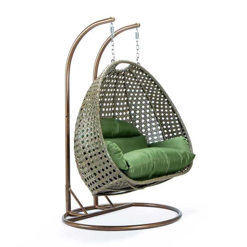 LeisureMod Modern 2-Person Egg Hanging Swing Chair with Beige Wicker, Oxford Fabric Cover, Patio Hammock Lounger and Cushions