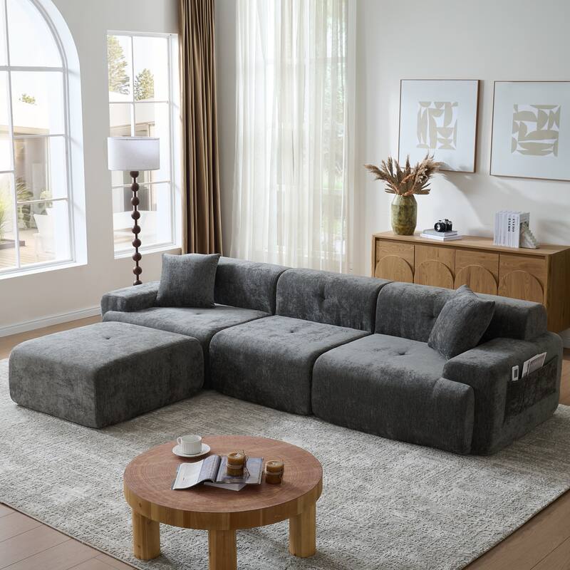 118 inch Oversized 3 Seater L-Shaped Chenille Boneless Modular Sectional Sofa Couch with Movable Ottoman
