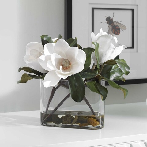Uttermost Middleton 16-1/2" Wide Faux Magnolia Flower Centerpiece in - White / Glass