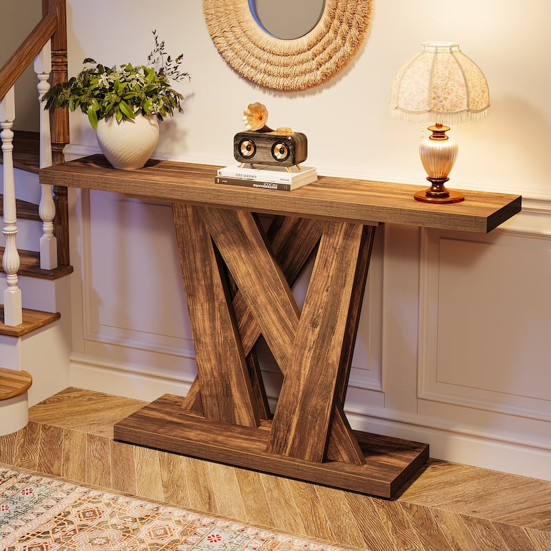 55'' Farmhouse Console Table, Wood Entryway Table with Geometric Base