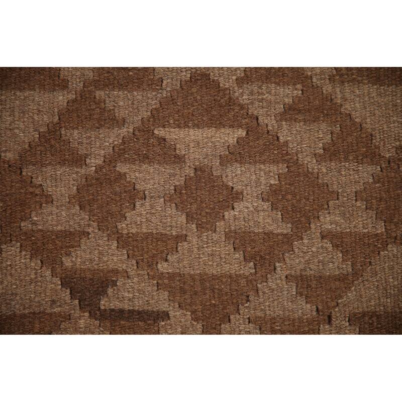 Geometric Kilim Oriental Runner Rug Flat-weave Brown Wool Carpet - 3'5" x 6'7"