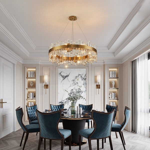 32 in. 2 Tier Modern Crystal Chandelier Brass Gold Round Crystal Raindrop Chandelier Contemporary Pendant Light for Dining Room 31.5 in