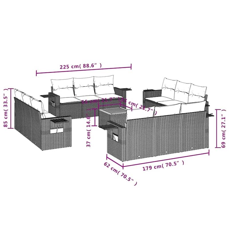 vidaXL 13 Piece Patio Sofa Set with Cushions Black Poly Rattan - 21.7" x 24.4" x 27.2"