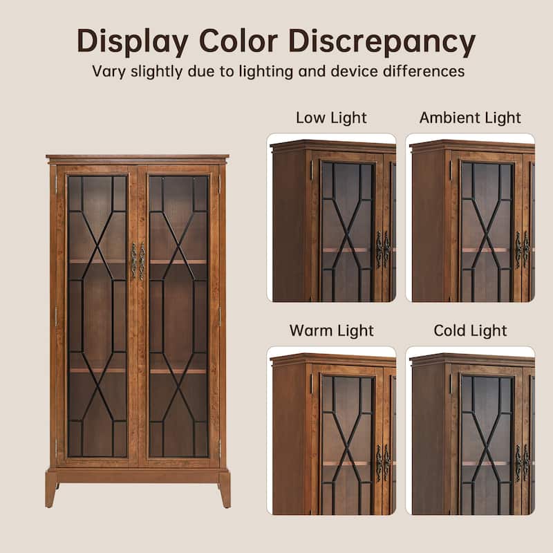 Morden Fort Tall Wooden Storage Cabinet with Glass Doors for Living Room, Dining Room, Cherry