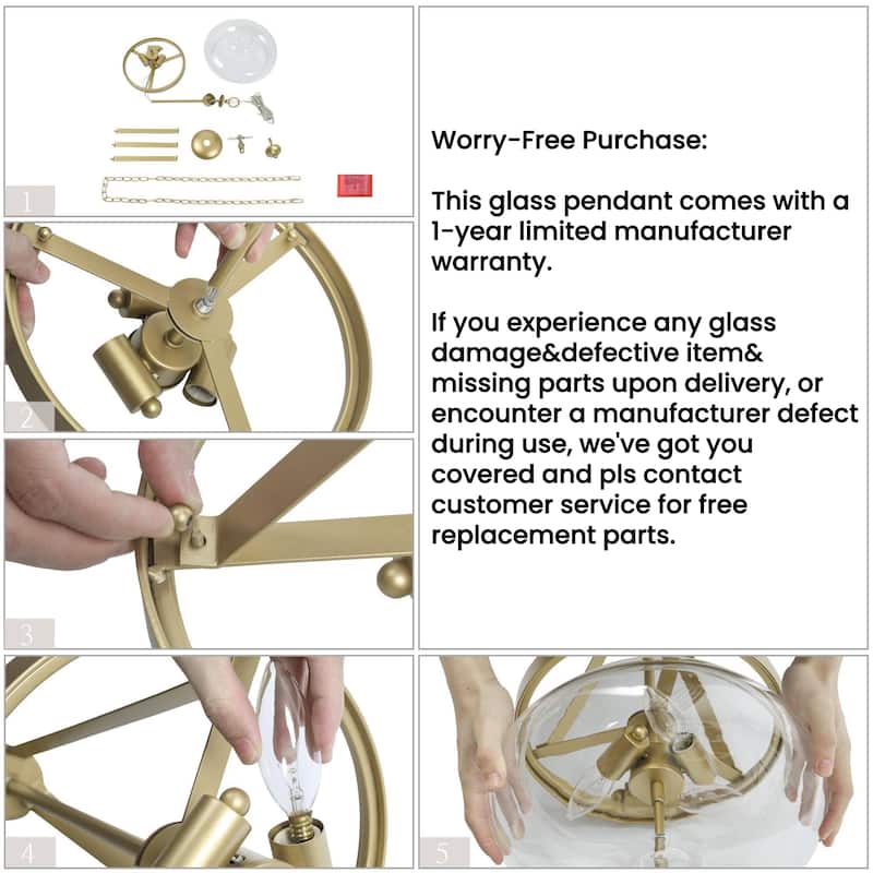 Modern Glam Chandelier 3-Light Clear Glass Lantern Farmhouse Pendant Lights for Kitchen Island