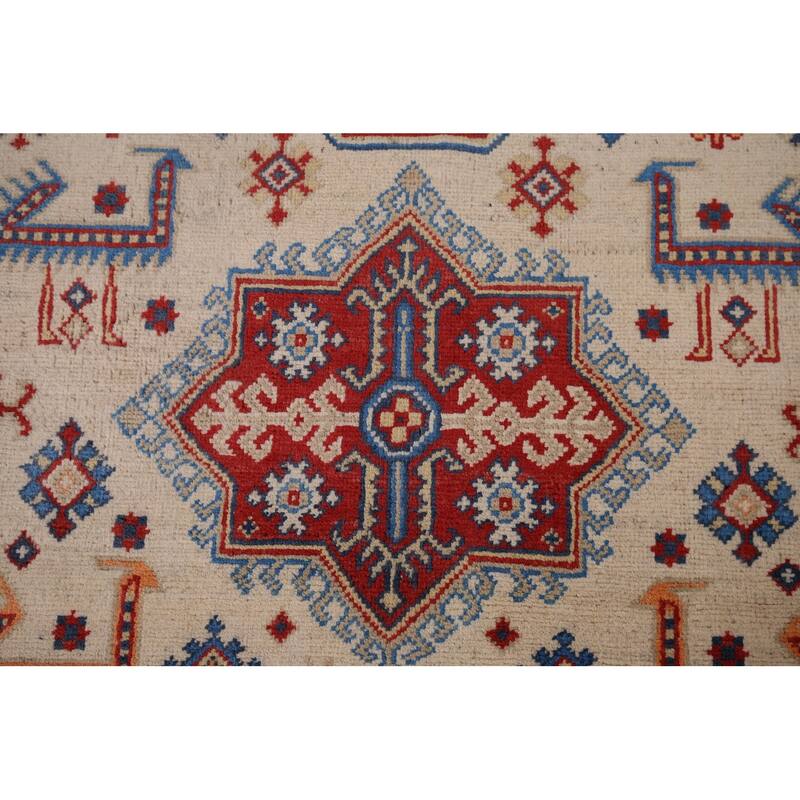 Geometric Beige / Ivory Kazak Accent Rug Hand-Knotted Wool Carpet - 4'0" x 6'1"