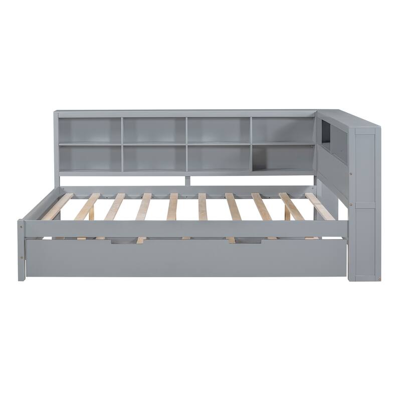 Wooden Full Size DayBed with Twin Size Trundle, DayBed with Storage Shelf and USB Charging Ports,Grey
