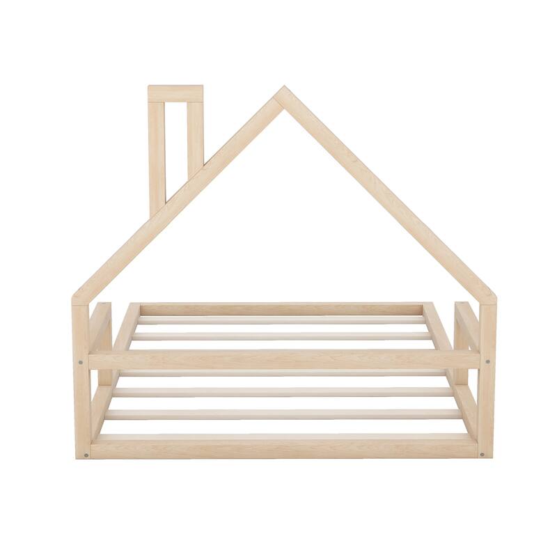 Full Size House Headboard Floor Bed, No Box Spring Needed, Durable Wood Frame