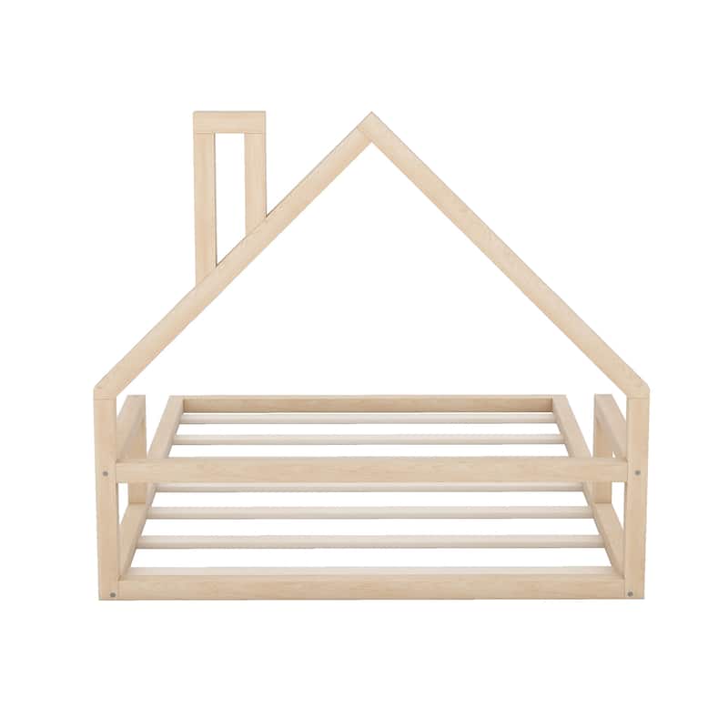 Full Size Wood Floor bed with House-shaped Headboard, Natural