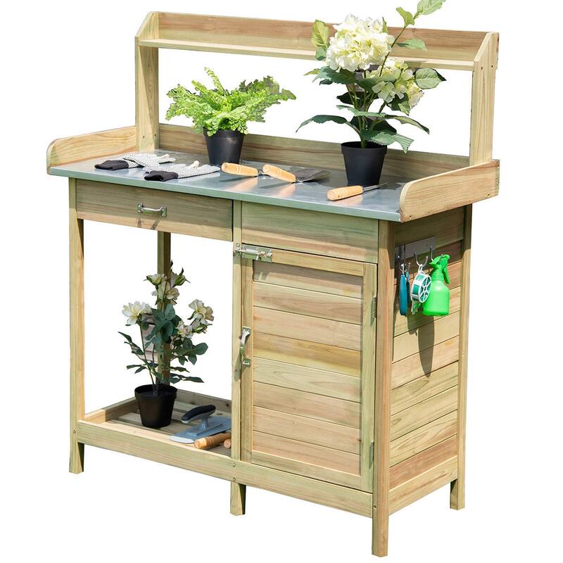 Costway Outdoor Potting Bench Garden Wooden Work Station Metal - Brown