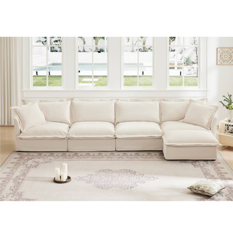 4 Deep Seat Slipcovered L-Shape Chenille Sectional Long Sofa Couch - Cream