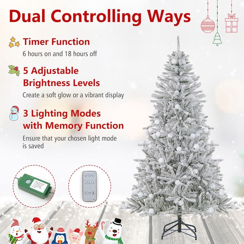 Gymax 6/7/8 FT Snow-flocked Artificial Christmas Tree w/51/65/81 - Green+White